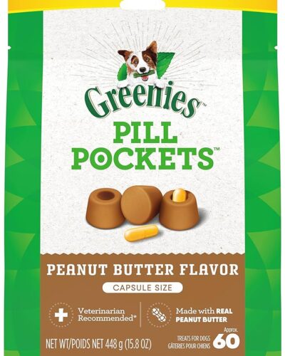 Greenies Pill Pockets for Dogs Capsule Size Natural Soft Dog Treats with Real Peanut Butter, 15.8 oz. Pack (60 Treats)