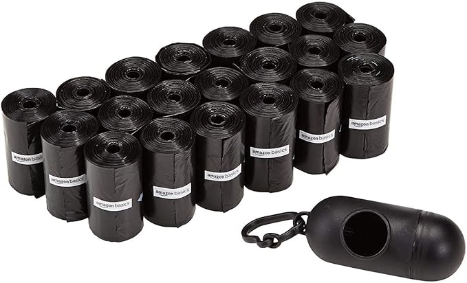 Standard Dog Poop Bags With Dispenser and Leash Clip, Unscented, 300 Count, 20 Pack of 15, Black, 13 Inch x 9 Inch
