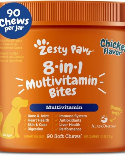 Zesty Paws Dog Multivitamin, Chewable Dog Vitamins and Supplements for Hip & Joints, Skin & Coat, Omega 3 Fish Oil for Dogs- Senior & Puppy Multivitamin- Chicken- 90ct