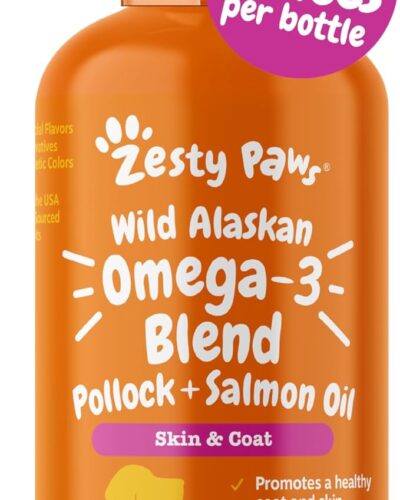 Zesty Paws Wild Alaskan Omega-3 Blend Pollock + Salmon Oil for Dogs and Cats- Skin and Coat Support, Omega 3 Supplement for Pets, 8.5oz