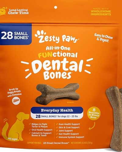 Zesty Paws Dental Bones - Fights Tartar & Plaque - Gum, Teeth & Bone Health - Cinnamon for Dog Breath - Immune, Joint, Gut, Skin & Coat Support - Omega 3 EPA & DHA and Calcium - Small Dogs - 28 ct